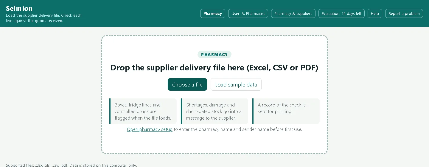 The Selmion start screen with a drop area for an Excel, CSV or PDF delivery file, a Choose a file button and a Load sample data button.