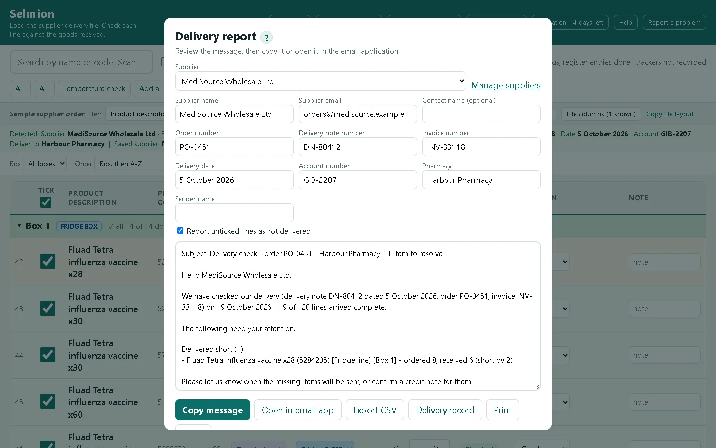 The Selmion Delivery report window. Supplier details sit above a drafted email to the supplier listing one line delivered short, with buttons to copy the message, open it in the email app, export a CSV, view the delivery record and print.